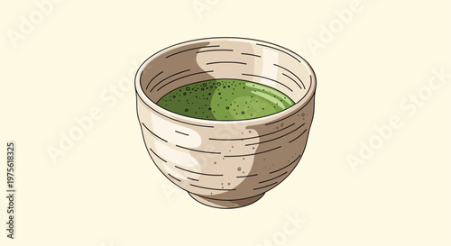 Traditional ceramic tea bowl filled with vibrant green matcha powder whisked into a frothy drink on a light yellow background.