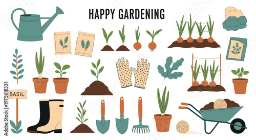 Set of gardening equipment including a watering can, pots, seedlings, gloves, a rake, and a wheelbarrow for hobby farming.
