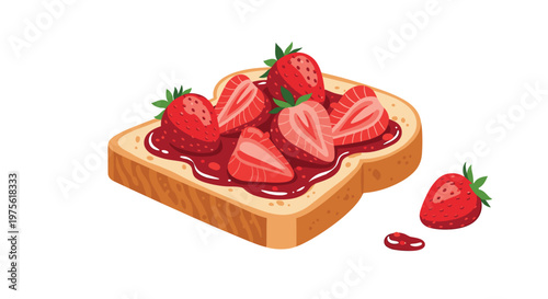 Slice of toasted bread topped with a thick layer of red strawberry jam and fresh berry halves on a white background.