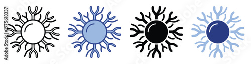 Abstract cellular structure symbol set with dendritelike extensions in line and solid fill styles for scientific diagrams, medical research illustrations, and educational materials