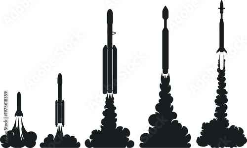 Rocket launch silhouettes sequence showing liftoff stages, space technology concept, spacecraft takeoff, smoke trails, exploration and aerospace development progression illustration