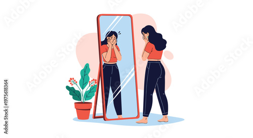 Young woman standing before a mirror looking at her skin with concern while touching her face in a light and airy room.