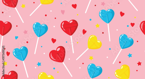 Seamless background pattern of colorful heart shaped lollipops in red, blue, and yellow on a pink base with small stars.