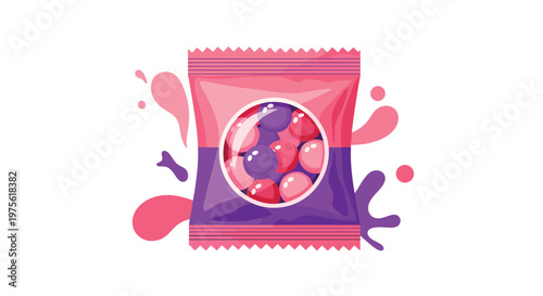 Bag of colorful round gumballs or candies in shades of pink and purple with liquid splashes in the background for sweets.