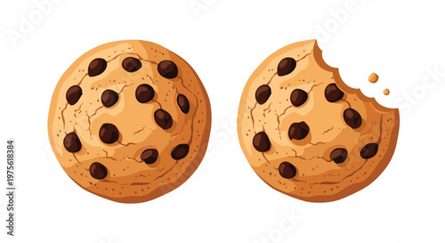 Two delicious chocolate chip cookies with a golden brown texture, one of which has a large bite taken out of its side.