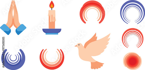 Prayer hands and a burning candle are depicted alongside a white dove to symbolize peace, spirituality, and religious reflection.