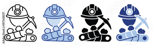 Industrial mining worker and equipment icon showcasing a hard hat, pickaxe, and conveyor belt for mineral transport, useful for heavy industry applications and resource exploration.