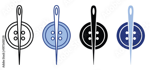 Essential needle and four hole button symbols in various styles for clothing repair, textile industry branding, sewing projects, and craft related content suitable for various applications