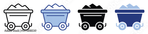 Versatile mine cart icons filled with raw materials in various stylistic variations, perfect for digital applications, game development, user interfaces, and industrial asset visualizations.