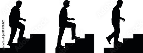 Silhouettes of man climbing stairs step by step, progress and success concept, career growth, achievement, personal development and motivation
