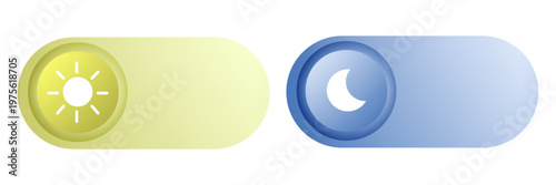 Toggle slider collection with sun and moon symbols for light-dark mode switching. Round 3D buttons featuring transparent elements, perfect for website and mobile interface design.