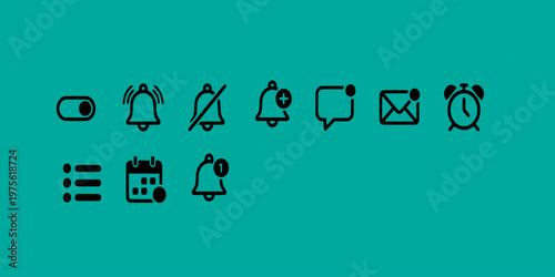 icon pack UI/UX of digital notification settings featuring bell alerts, message bubbles, email envelopes, calendar reminders, and toggle switches for mobile apps.