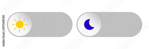 3D day-night toggle switch set with sun and moon icons. UI button collection for light and dark mode interface design with slider elements on white background.