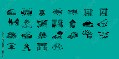 icon pack UI/UX of traditional Japanese countryside elements showcasing pagodas, torii gates, farmhouses, rice fields, bamboo forests, and historical rural landmarks