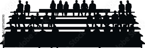 Spectator crowd silhouettes sitting on stadium bleachers, audience watching event, group of people in stands, sports or performance viewing concept