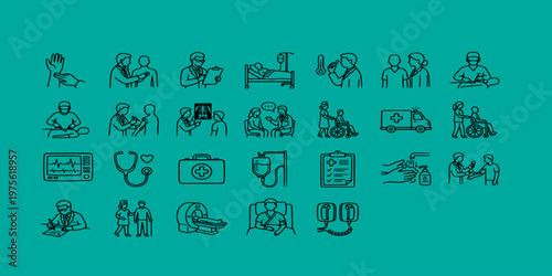 icon pack UI/UX of medical professional scenes including doctors, patients, surgeries, hospital equipment, ambulances, and diagnostic procedures for clinical healthcare environments