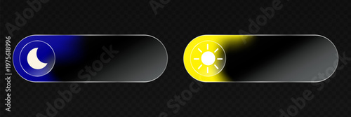 Glass button set for night and day mode switching. 3D toggle icons with sun and moon symbols for UI design. Dark and light theme slider elements for web apps.