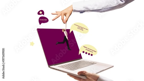 Laptop with employee reviews and performance feedback in business environment. Concept of HR evaluation system, team performance assessment, employee rating process, productivity management.