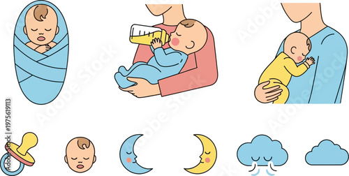 Baby care icons depict a newborn wrapped in a blanket, a mother feeding an infant, and various bedtime items.
