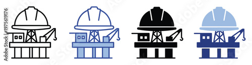 Essential industrial icon featuring an offshore oil drilling rig platform alongside a protective hard hat, excellent for conveying concepts of energy exploration, heavy construction, and