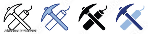 A versatile set of crossed pickaxe and dynamite icons representing mining, excavation, or explosive power for various industrial and digital applications.