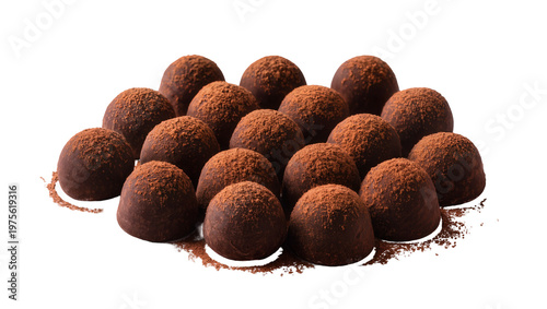 Pile of rich dark chocolate truffles dusted with cocoa powder, isolated on transparent background