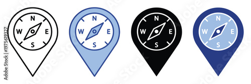 Navigation compass symbol inside a map pin marker set providing directional guidance and travel location indications for user interface icons and adventure exploration graphics
