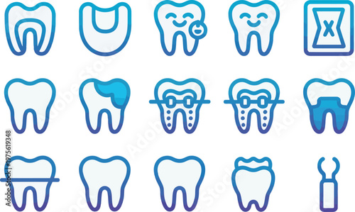 Dental icon set, orthodontic and dentistry symbols with teeth braces implants and tools minimalist blue line art isolated on white background