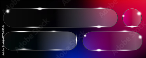 Glassmorphism interface kit with smooth rounded controls and luminous highlights. 3D transparent buttons and panels in futuristic style.Futuristic glassmorphism UI kit with transparent rounded buttons