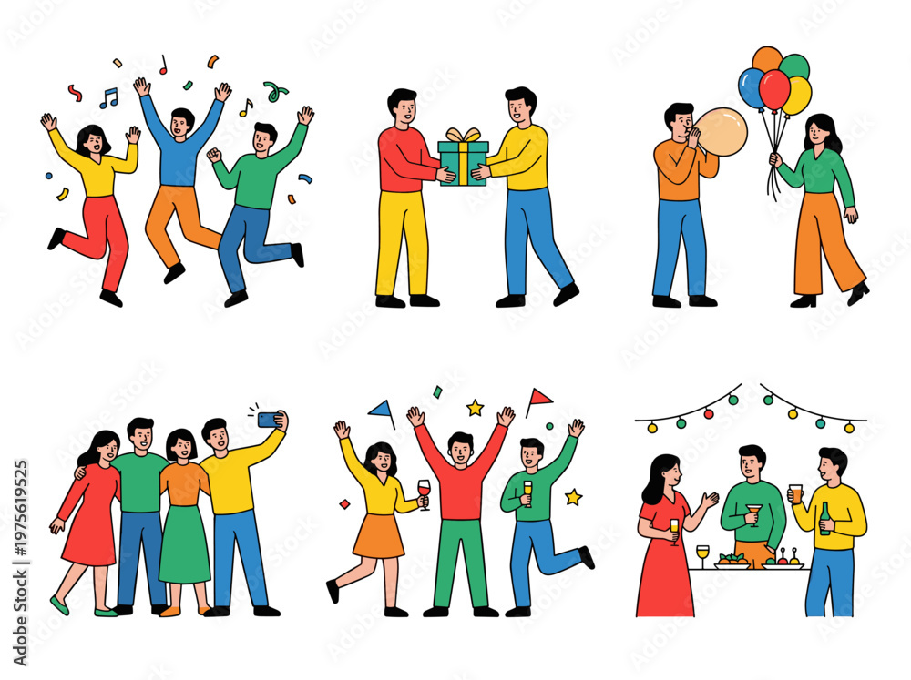 Fototapeta premium Festive people activity scenes set, characters dancing and giving gifts in flat style