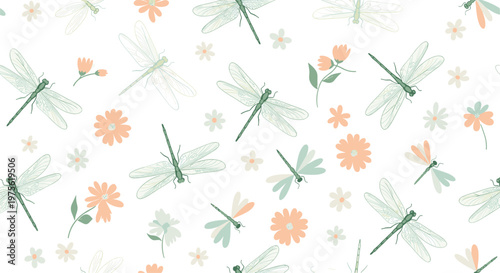 Beautiful seamless pattern features light green dragonflies and delicate peach colored flowers for a soft and natural spring aesthetic.