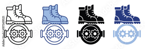 Set of durable work boots and intricate gear mechanism icons symbolizing industrial power, mechanical engineering, and essential safety equipment for various digital and print applications.