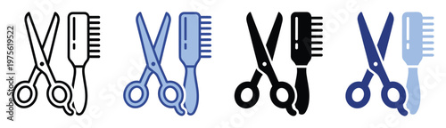 Hairdressing tools icon set for barber shop services and professional hair care concepts, ideal for app interfaces, website graphics, and educational resources.