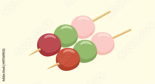 Two skewers of traditional Japanese dango sweets in pink, green, and red colors are presented on a soft yellow background for dessert.