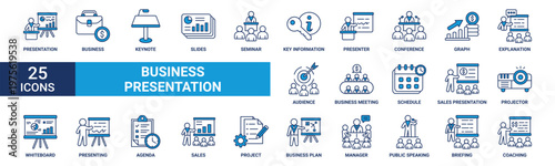 Business presentation icon set. Containing presentation, business, keynote, slides, seminar, key information, presenter, conference and more. Blue vector icons collection.