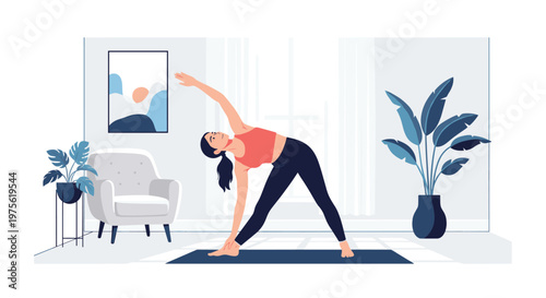 Active woman practices the triangle yoga pose on a blue mat in a bright and modern living room filled with green houseplants.