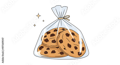 Transparent plastic bag filled with delicious chocolate chip cookies is tied with a string, representing a sweet homemade snack.