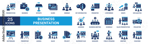 Business presentation icon set. Containing presentation, business, keynote, slides, seminar, key information, presenter, conference and more. Solid vector icons collection.