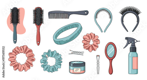 Large collection of hair accessories including brushes, combs, scrunchies, headbands, and hair clips for daily styling and beauty.