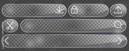 Futuristic glassmorphism UI kit with transparent rounded buttons and liquid glossy texture. Modern app navigation controls, icons, and panels design template. High-tech digital interface concept.