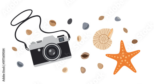 Flat lay composition features a vintage film camera surrounded by various seashells and a bright orange starfish on a white surface.