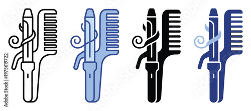 Stylized graphic of a curling iron and a hair comb, ideal for beauty salon branding, personal grooming applications, or professional hairstyling content.