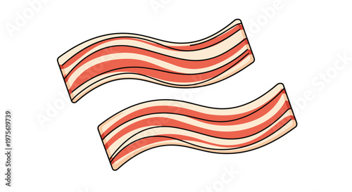Simple flat illustration of two wavy strips of crispy cooked breakfast bacon with reddish and cream colored fat layers.