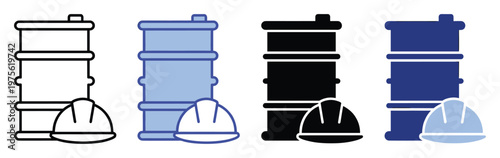 Essential industry safety icon depicting an oil barrel and a hard hat, suitable for symbolizing energy production, hazardous materials, industrial work, and occupational safety awareness