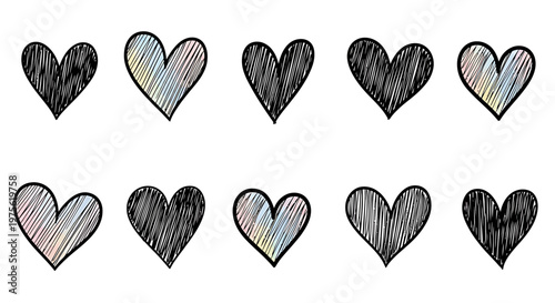 A charming collection of hand-drawn hearts, featuring a delightful mix of solid black and subtly colored scribbled designs, perfect for adding a touch of whimsy to any project