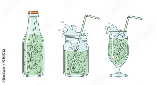 Set of three different glassware containers including a bottle, jar, and glass filled with a refreshing green drink and ice cubes.