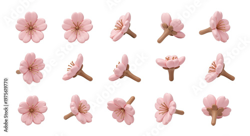 3D multi angle pink cherry blossom flower asset sheet