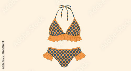 Two piece women's swimsuit featuring a checkered pattern in orange and blue with ruffled details on the top and bottom.