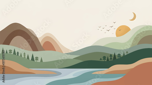 Minimal flat landscape illustration with mountains, river, and sunset in warm tones for nature, travel, and outdoor concept