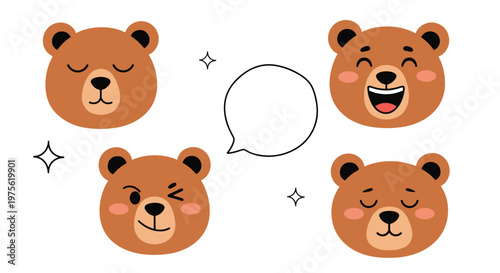 Set of four cute brown bear faces with various emotions like sleeping, laughing, and winking with a speech bubble.